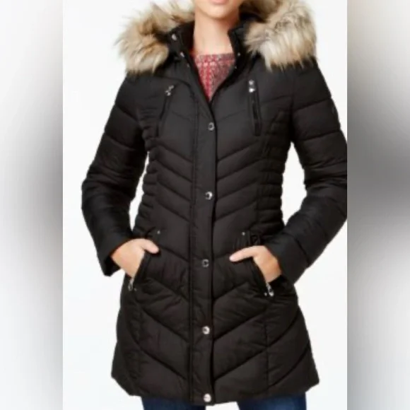 Final Markdown! Laundry by Shelli Segal Design Black Puffer Coat w/Faux Fur Hood - Picture 1 of 4